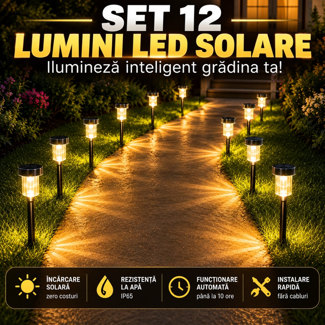 Set 12 Lămpi Solare pentru Exterior din Alumniu – Încărcare Solară și Iluminare Automată
