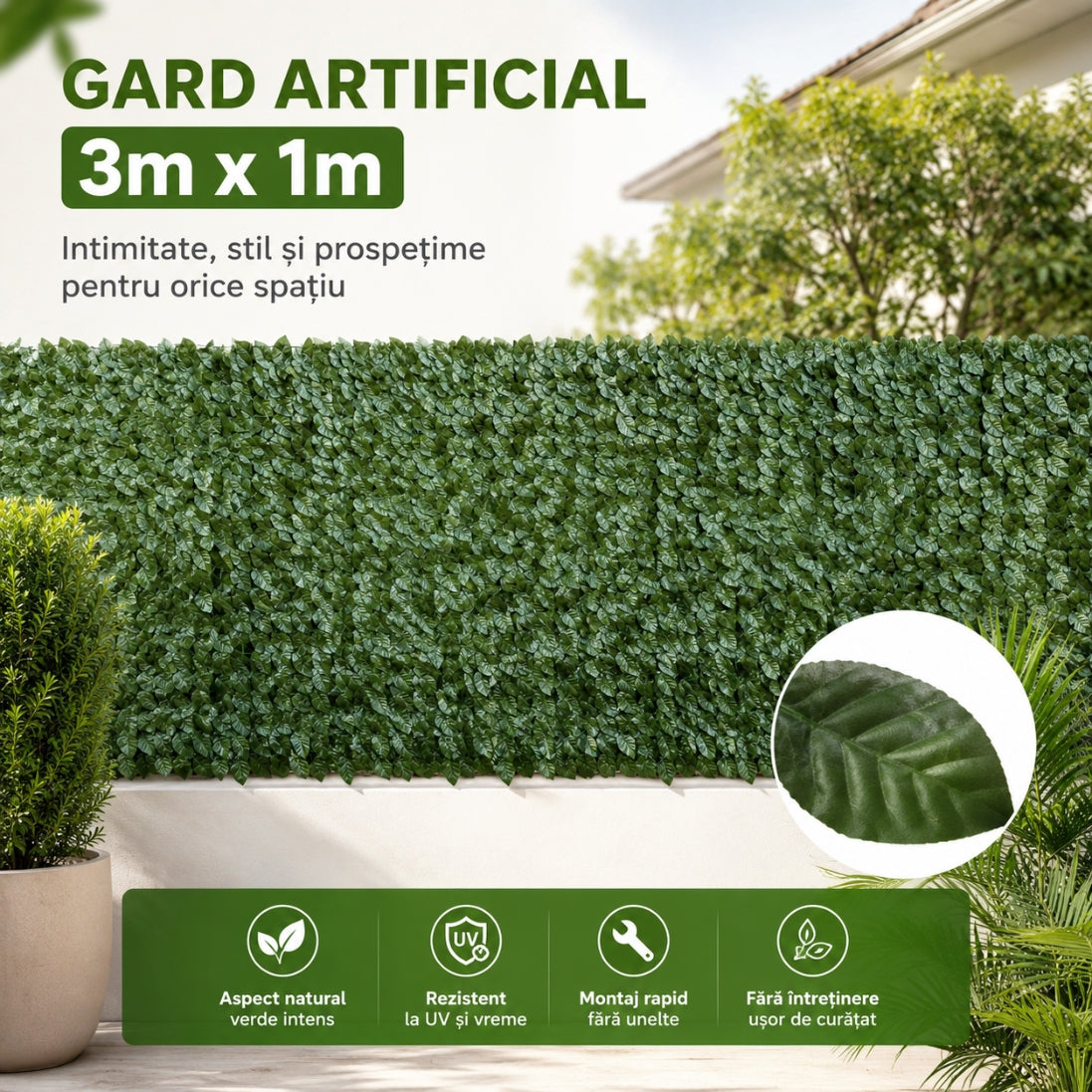 Gard decorativ artificial cu frunze – Fara intretinere (1x3 m)