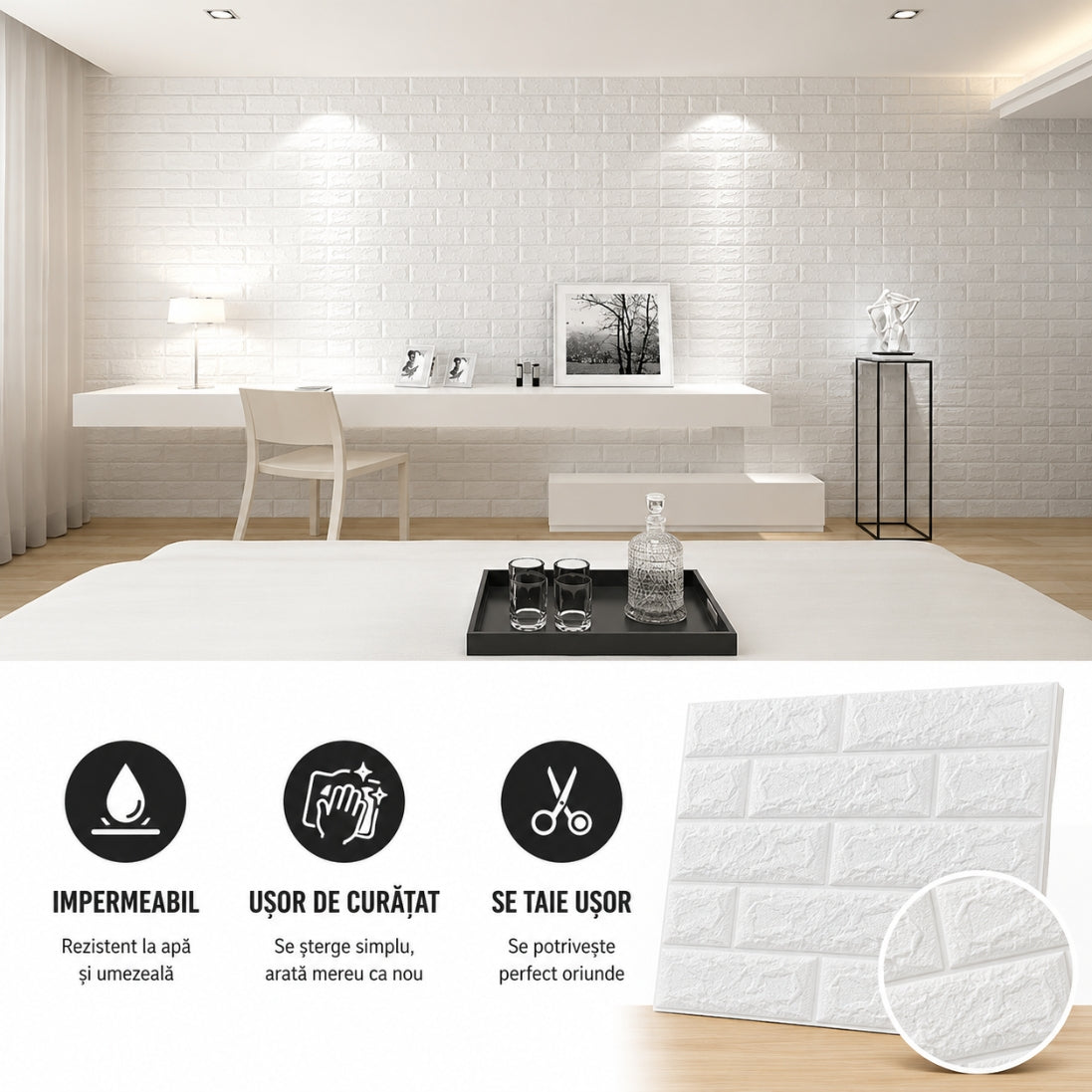 Set 10 Plăci Autoadezive Tip Cărămidă Albă  – Transformă Rapid Orice Spațiu! 60x60 CM