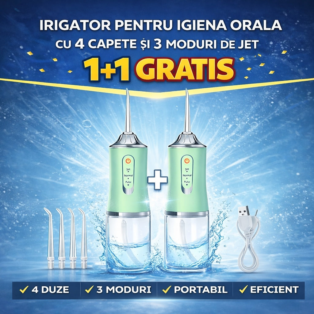 Irigator Oral Portabil cu 4 Capete și 3 Moduri de Jet – Curățare Profesională Acasă