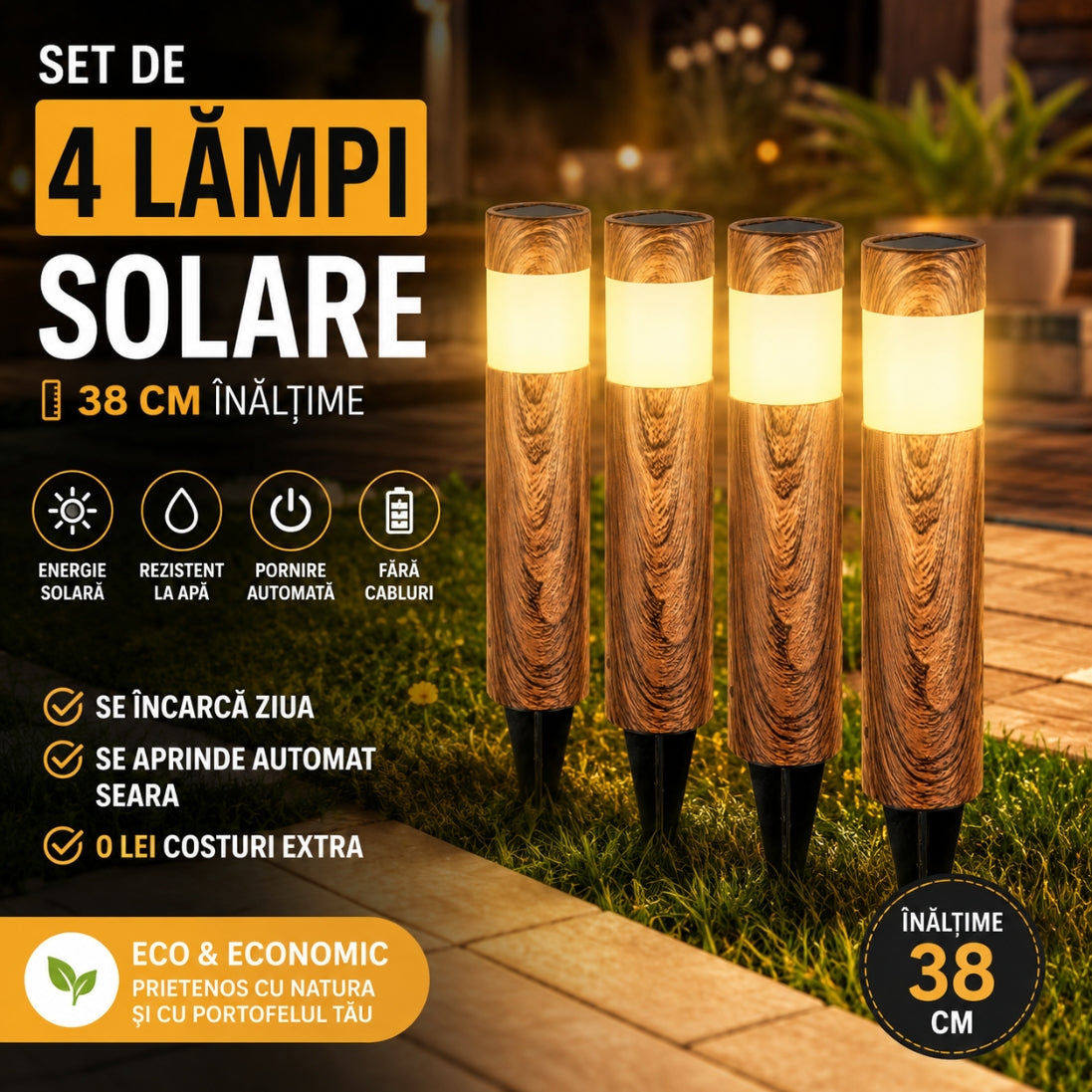Set 4 Lămpi Solare LED Tip Lemn 38CM – Iluminare Elegantă pentru Curte și Grădină!