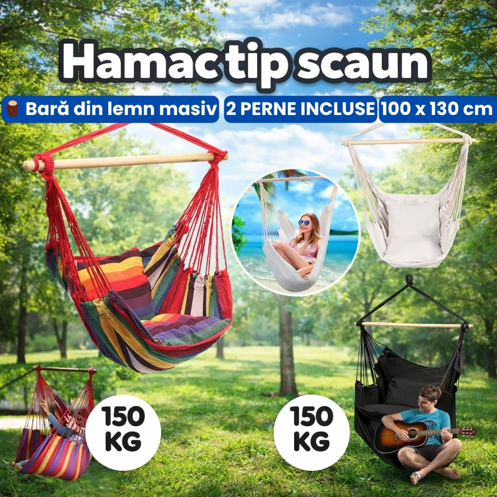 Hamac Tip Scaun din Bumbac – Confort Maxim cu 2 Perne Incluse