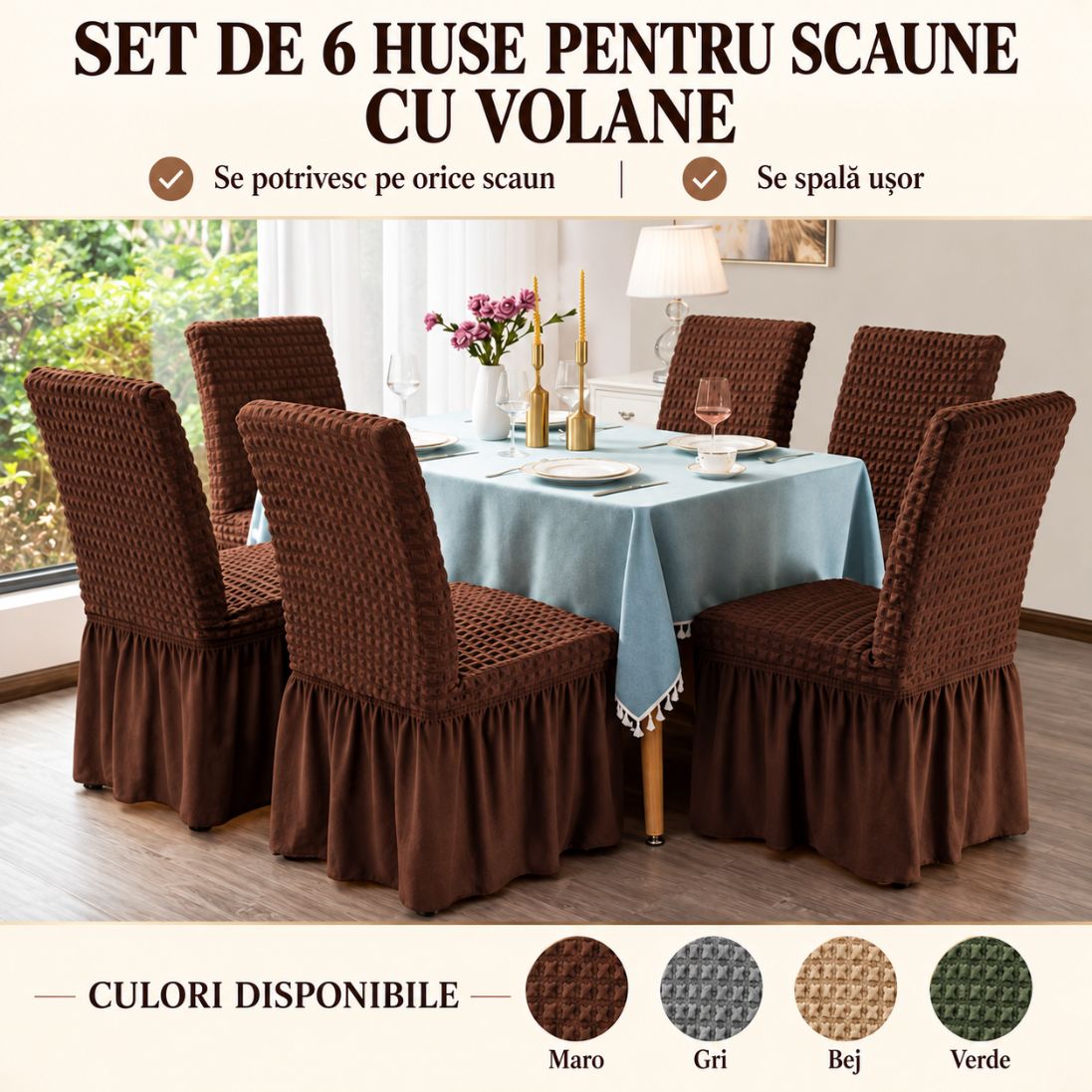 Set 6 Huse pentru Scaune cu Volănașe – Material Elastic, Ușor de Spălat