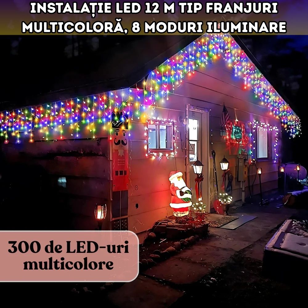Instalație LED 12M tip franjuri – multicoloră, 300 LED-uri, 8 moduri de iluminare
