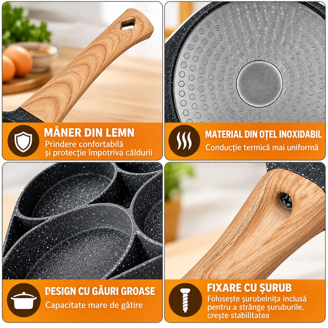 Tigaie cu 4 Compartimente – Aluminiu, Strat Antiaderent și Mâner din Lemn