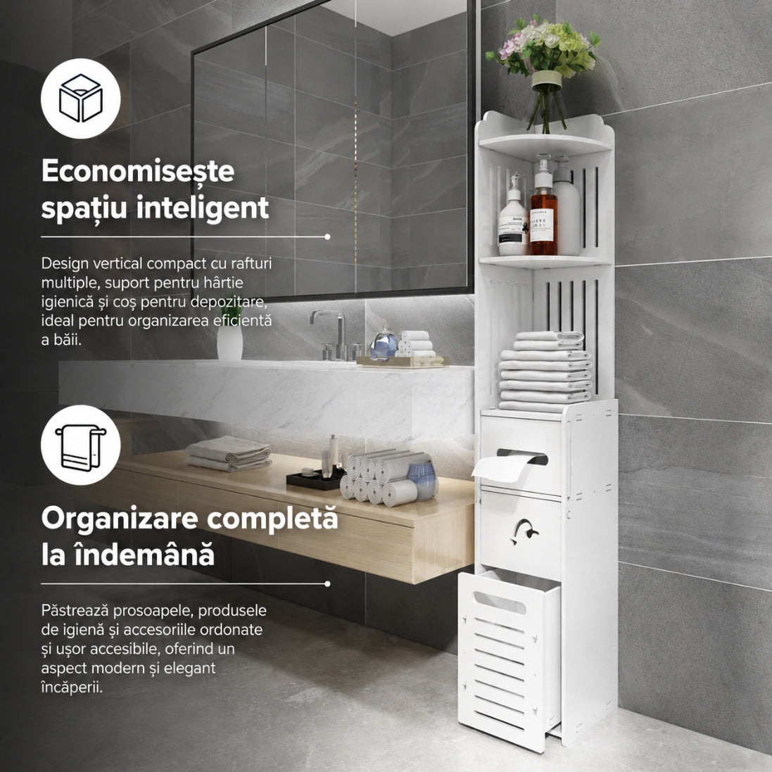 Dulap Pentru Casa MDF cu 6 Rafturi și Coș  – Organizare Inteligentă pentru Spații Mici 120x20x20