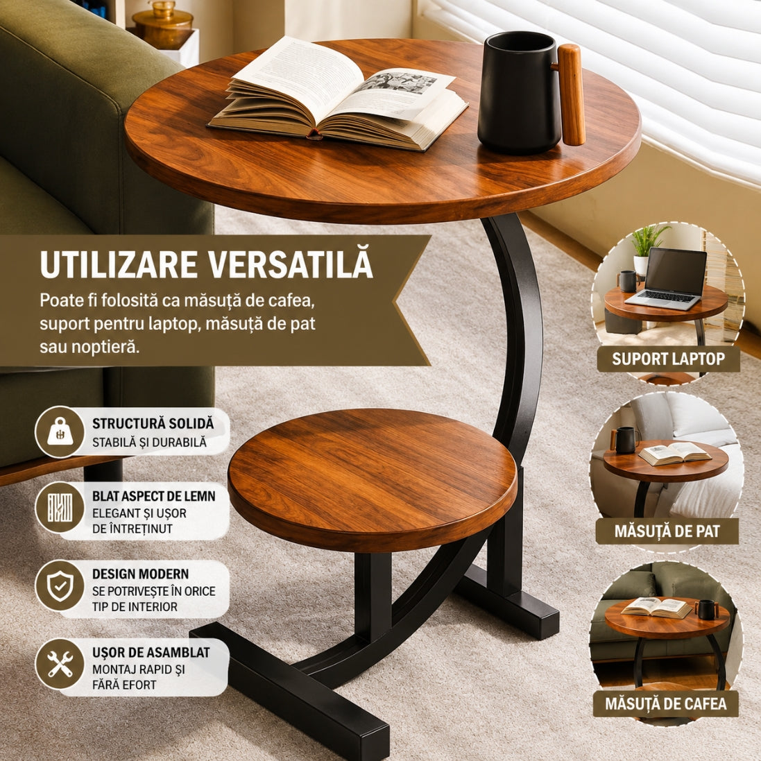 Măsuță Modernă cu 2 Nivele – Cadru Metalic si Lemn. Eleganță și Utilitate în Orice Cameră!