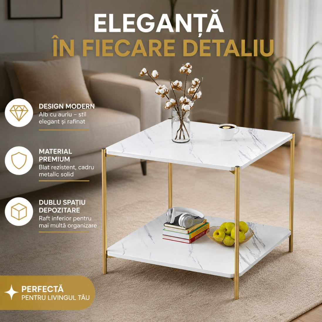 Masă de Cafea Elegantă cu 4 Picioare – Structura Metalica, Design Modern Alb & Auriu cu Raft de Depozitare