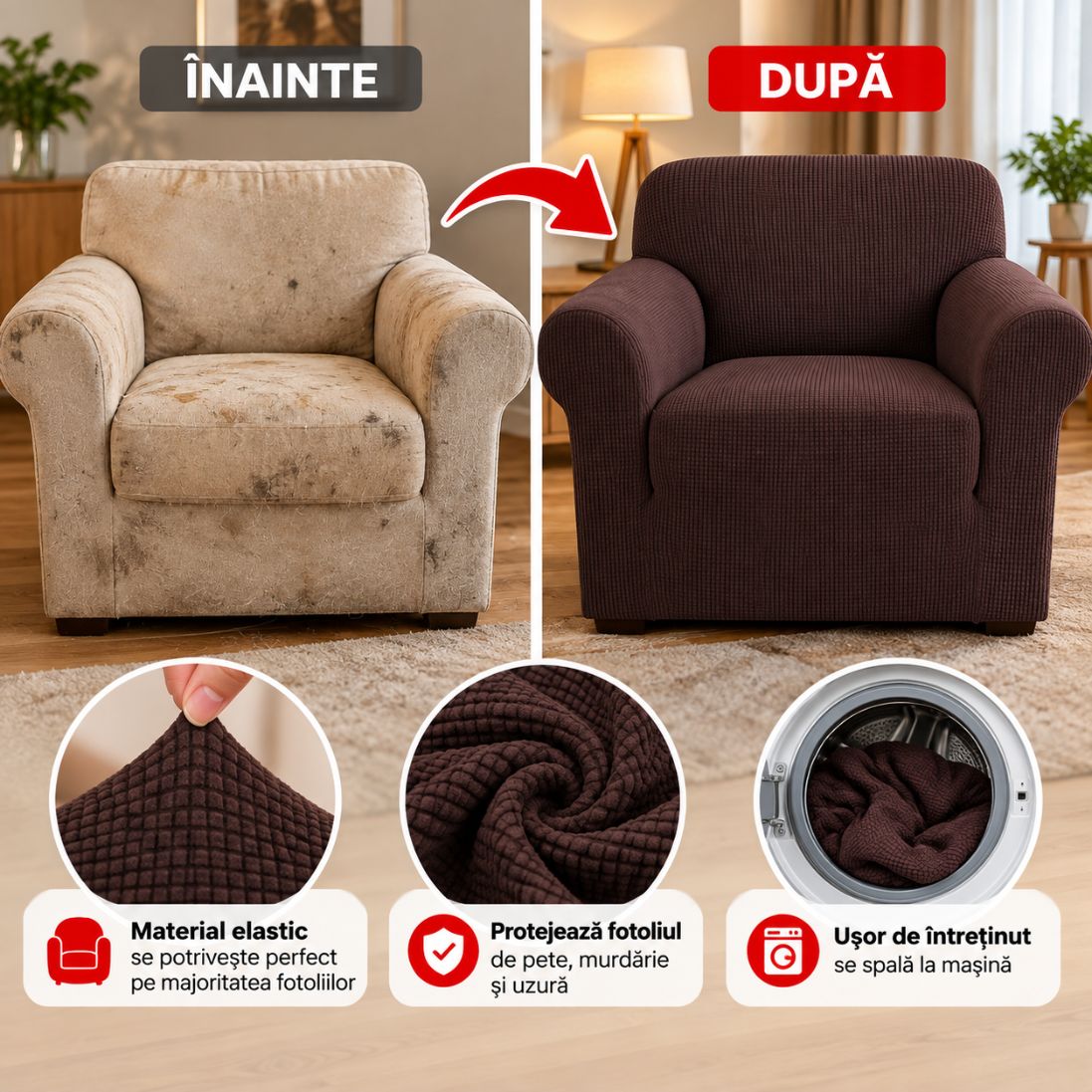 Huse Elastice Universale pentru Fotolii – Ofertă 1+1 GRATIS !! Protecție și Aspect Nou
