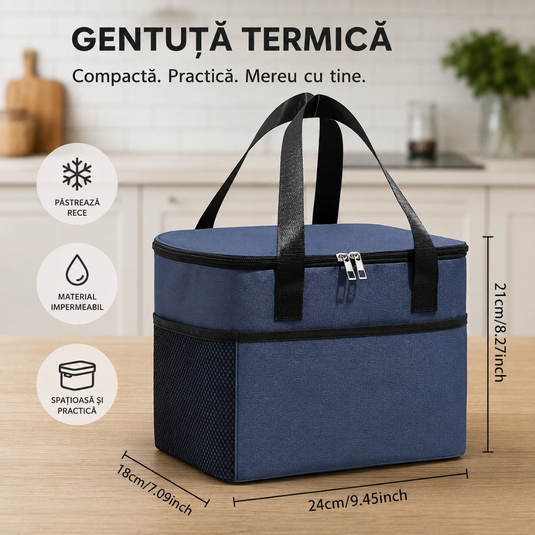 Geantă Termică pentru Prânz, Plajă și Picnic – Impermeabilă, 24 × 18 × 21 cm