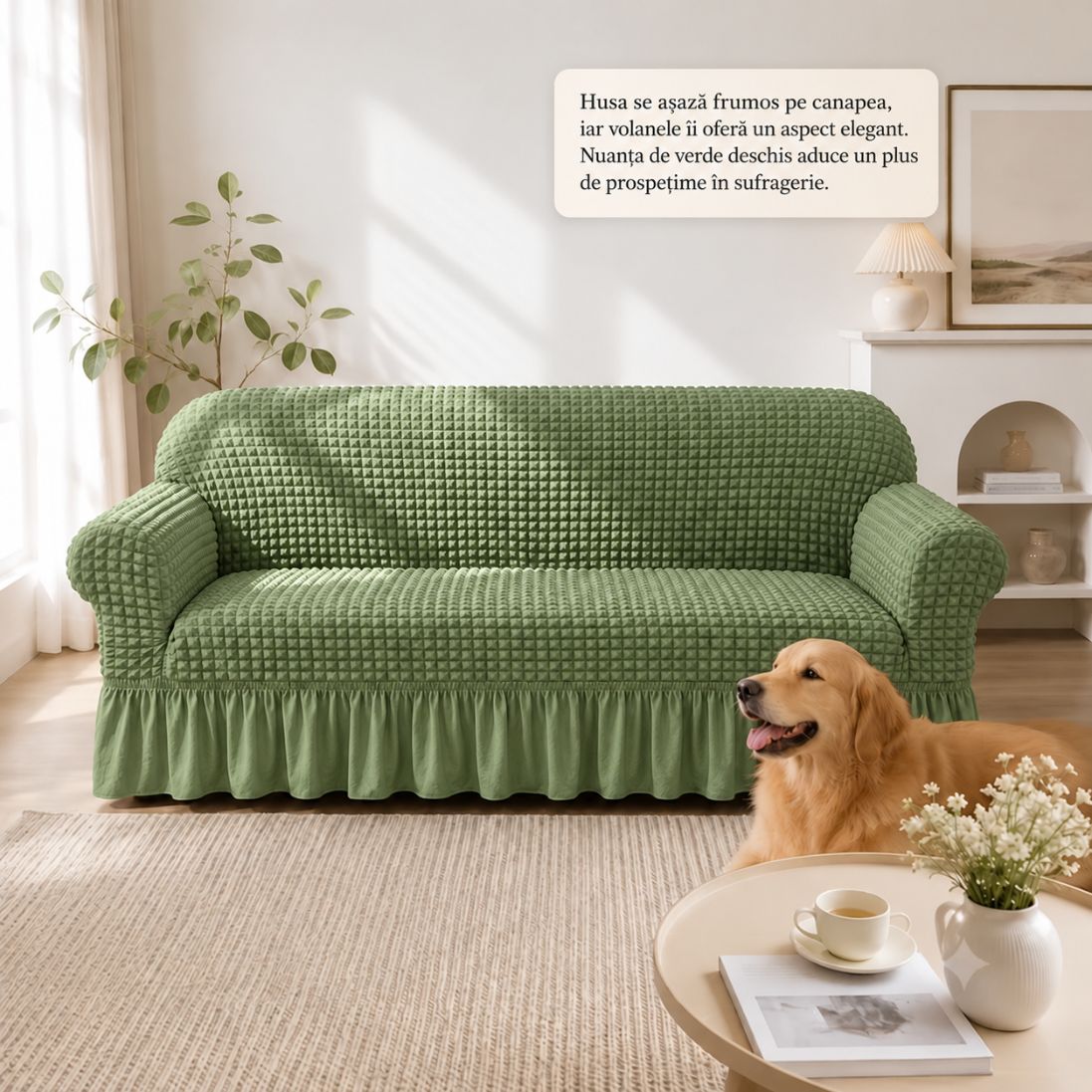 Husă Elastică pentru Canapea 3 Locuri cu Volane – Textură Creponată, Design Elegant