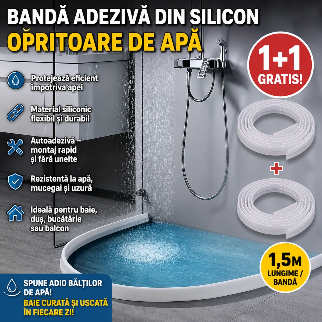Bandă din Silicon Opritoare de Apa 1,5 m – Ideală pentru Duș, Chiuvetă și Balcon