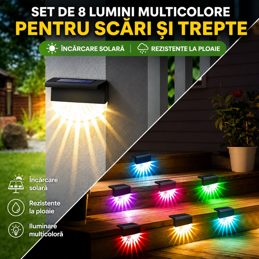 Set 8 Lămpi Solare Multicolore pentru Scări și Trepte – Încărcare Solară, Rezistente la Ploaie, Iluminare Automată