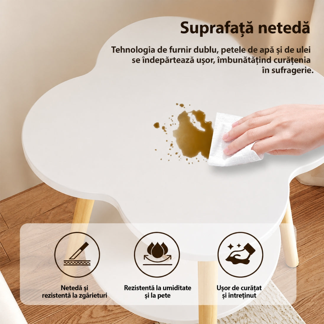 Masa de Cafea in Forma de Floare 50x40x40cm – Blat Alb cu Picioare din Lemn Natural, Design Organic Modern