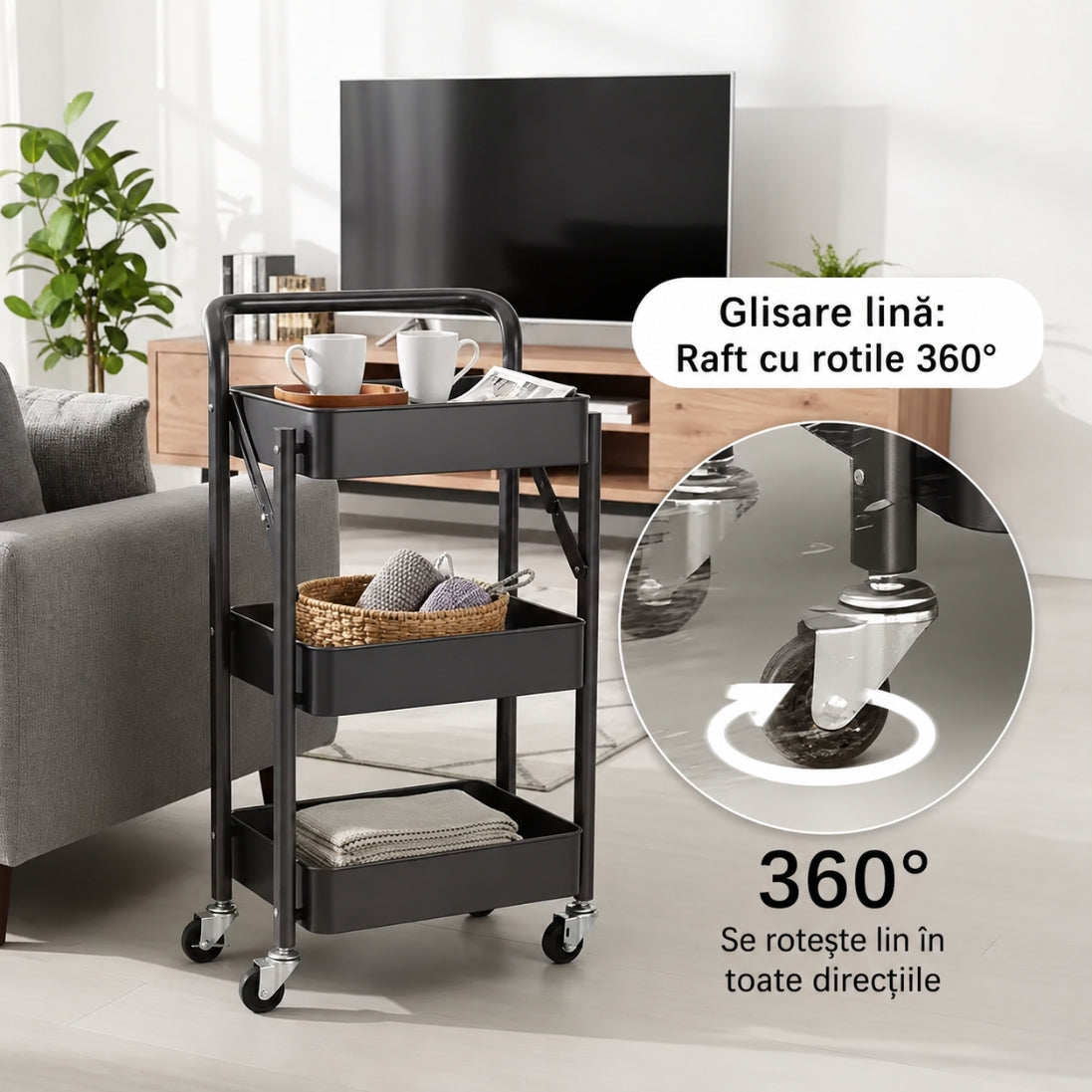 Etajera de Depozitare Pliabila cu 3 Niveluri – Metalic, cu Roți și Frâne