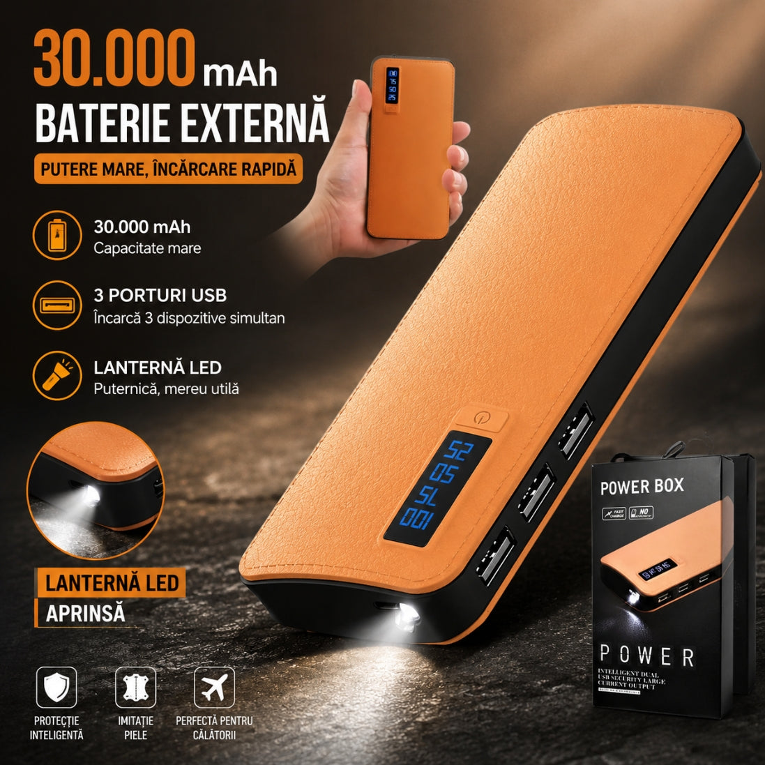Baterie Externă 30.000 mAh cu 3 Porturi USB și Lanternă LED – Afișaj Digital, Imitație Piele