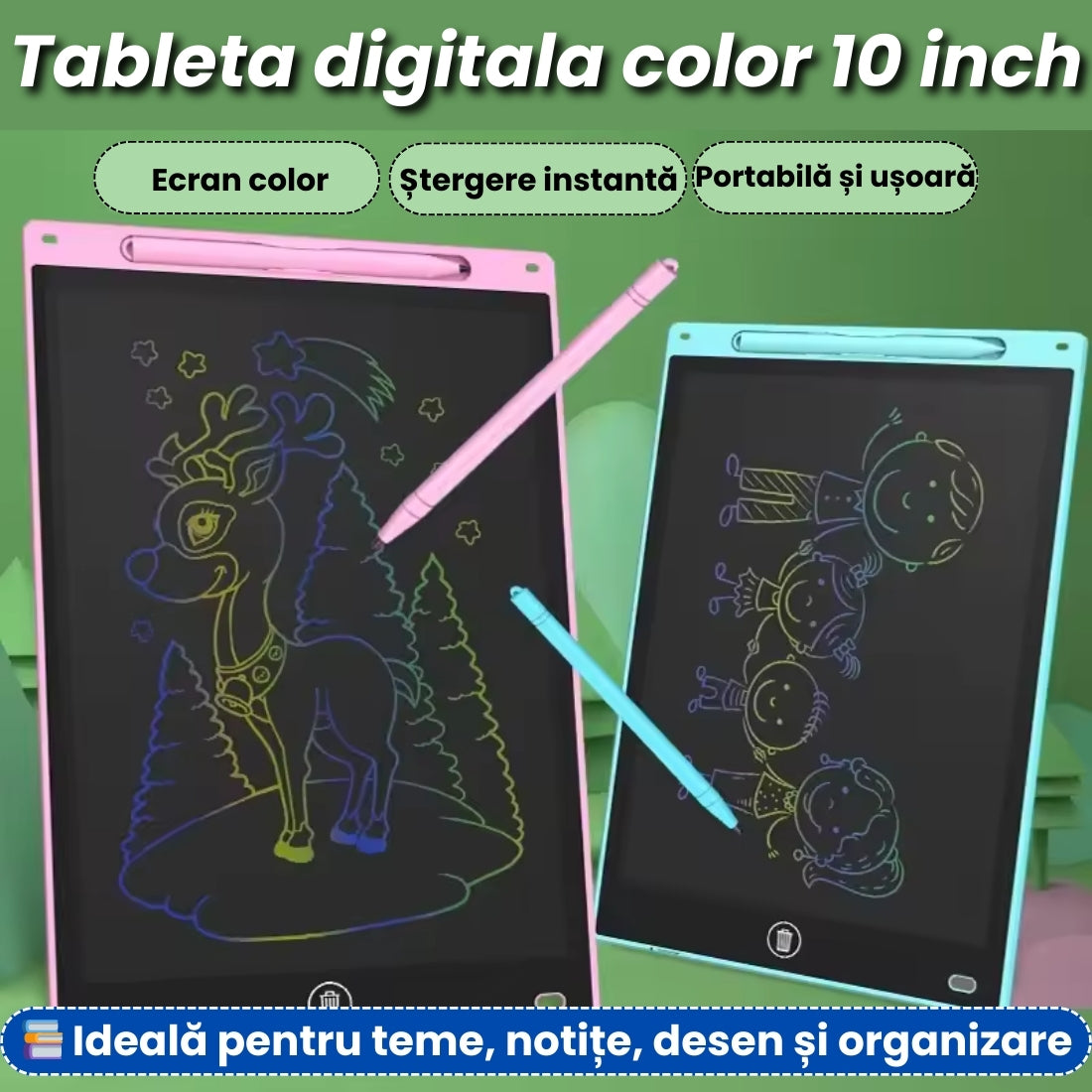 Tableta Digitală Color 10 Inch – Scriere & Desen, Ștergere Instantă