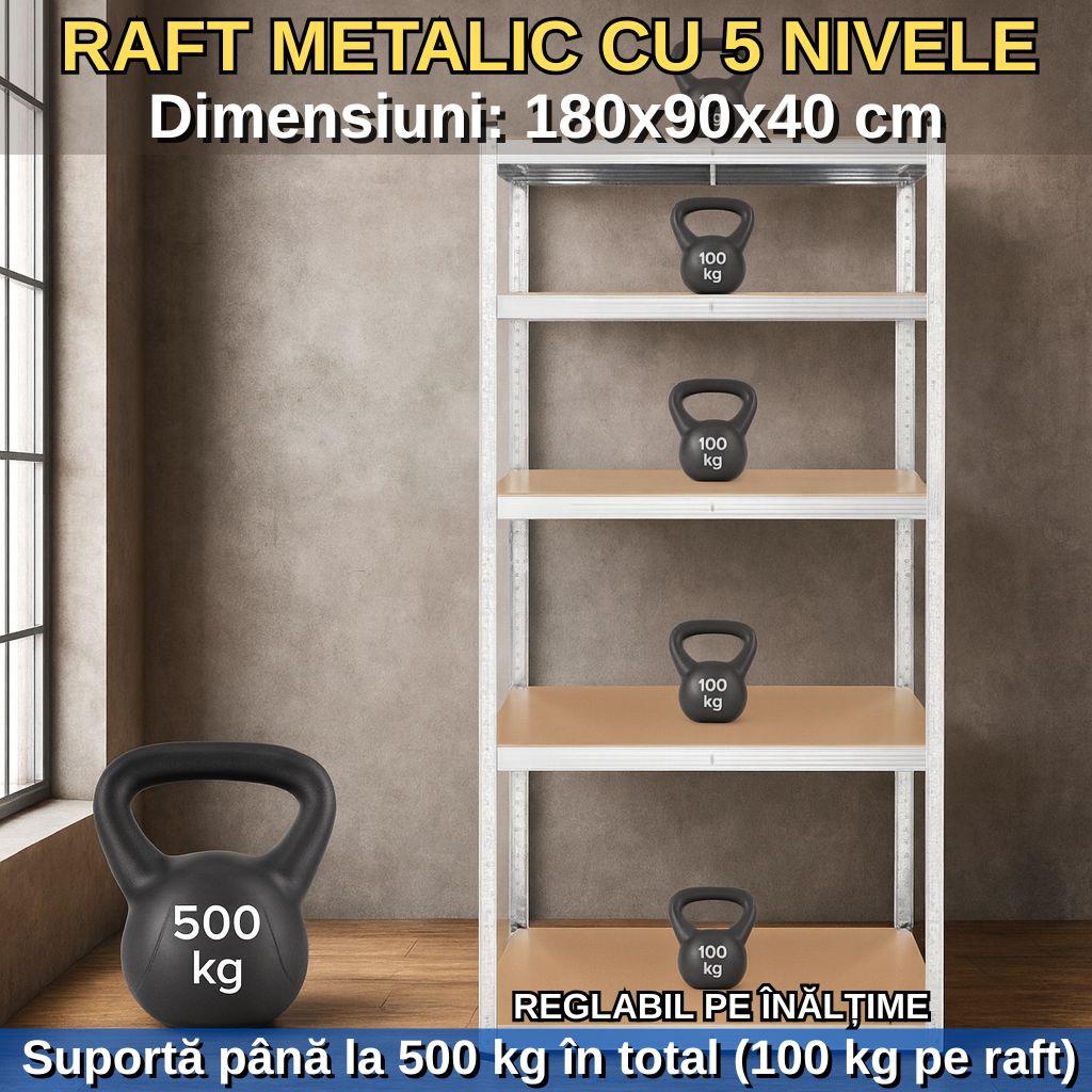 Raft Metalic de Depozitare – 5 Rafturi Reglabile, Montaj Fără Șuruburi, 180x90x40 cm