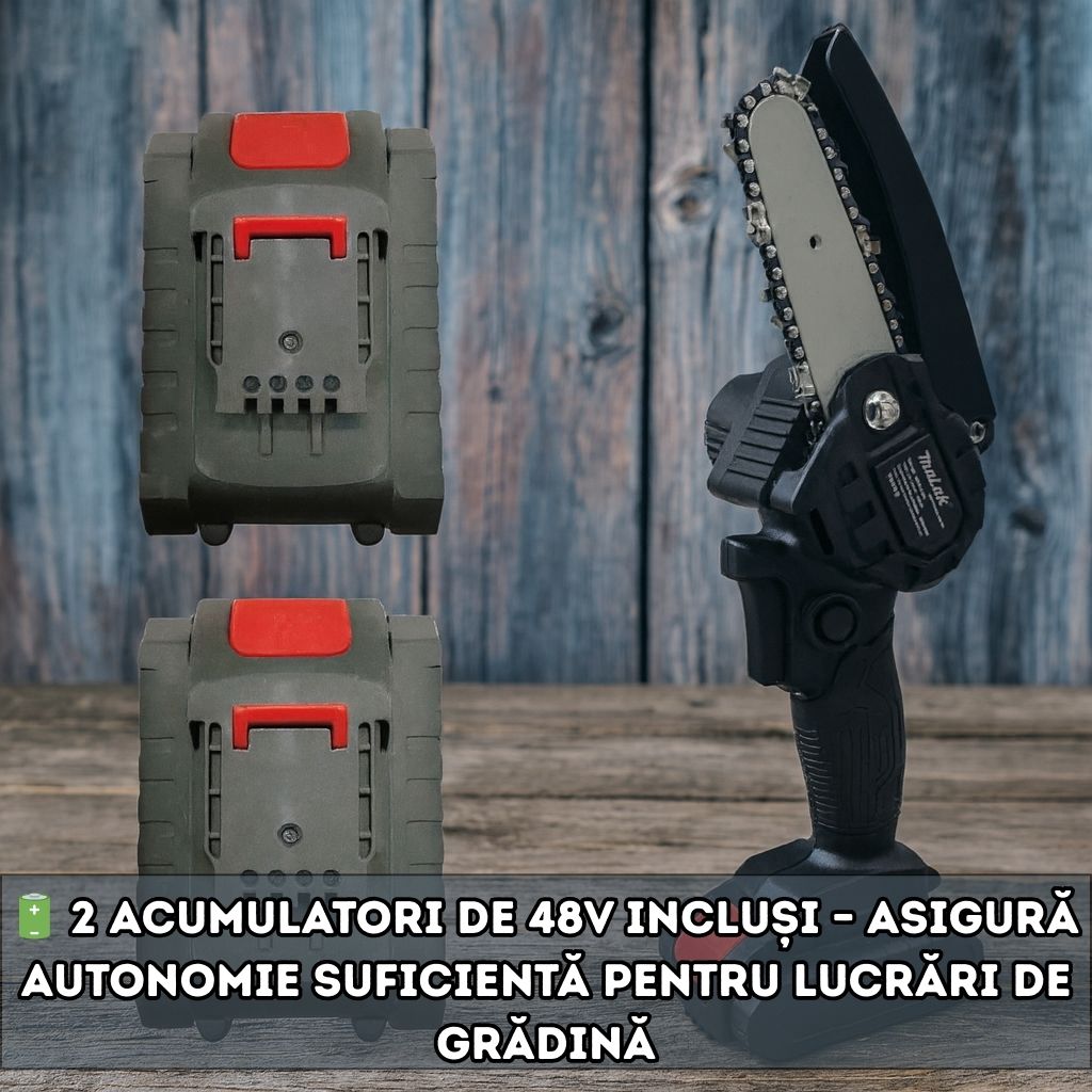 Fierăstrău de Mână cu Lanț, 48V, 1100W – Kit Complet cu 2 Acumulatori