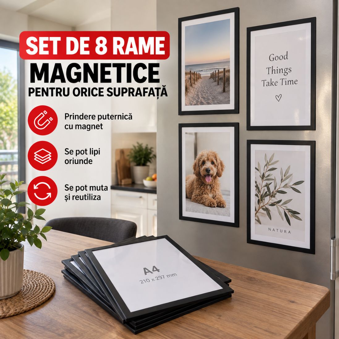 Set 8 Rame Magnetice A4 pentru Fotografii – Prindere Rapidă și Ușoară