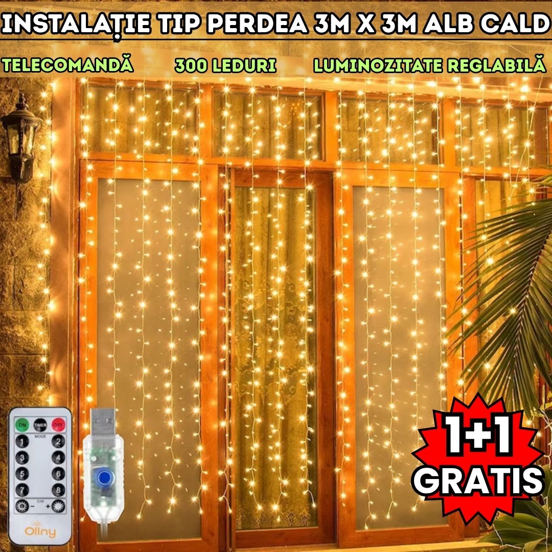 Instalație Tip Perdea LED 3x3m Alb Cald – Telecomandă, 300 LED-uri