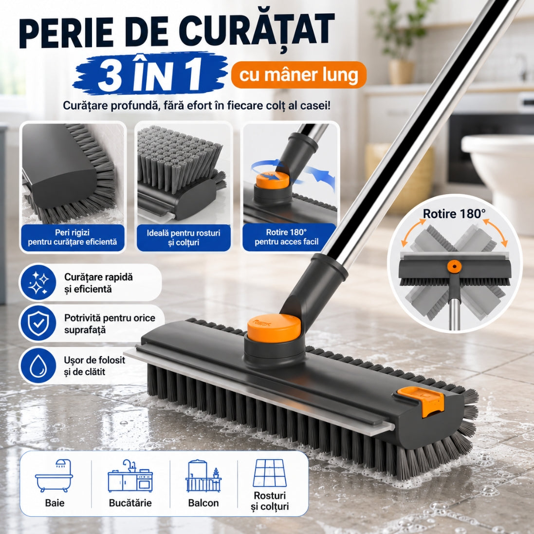Perie de Curățat 3 în 1 cu Mâner Lung – Cap Rotativ 180°, Ideală pentru Podele, Rosturi și Colțuri