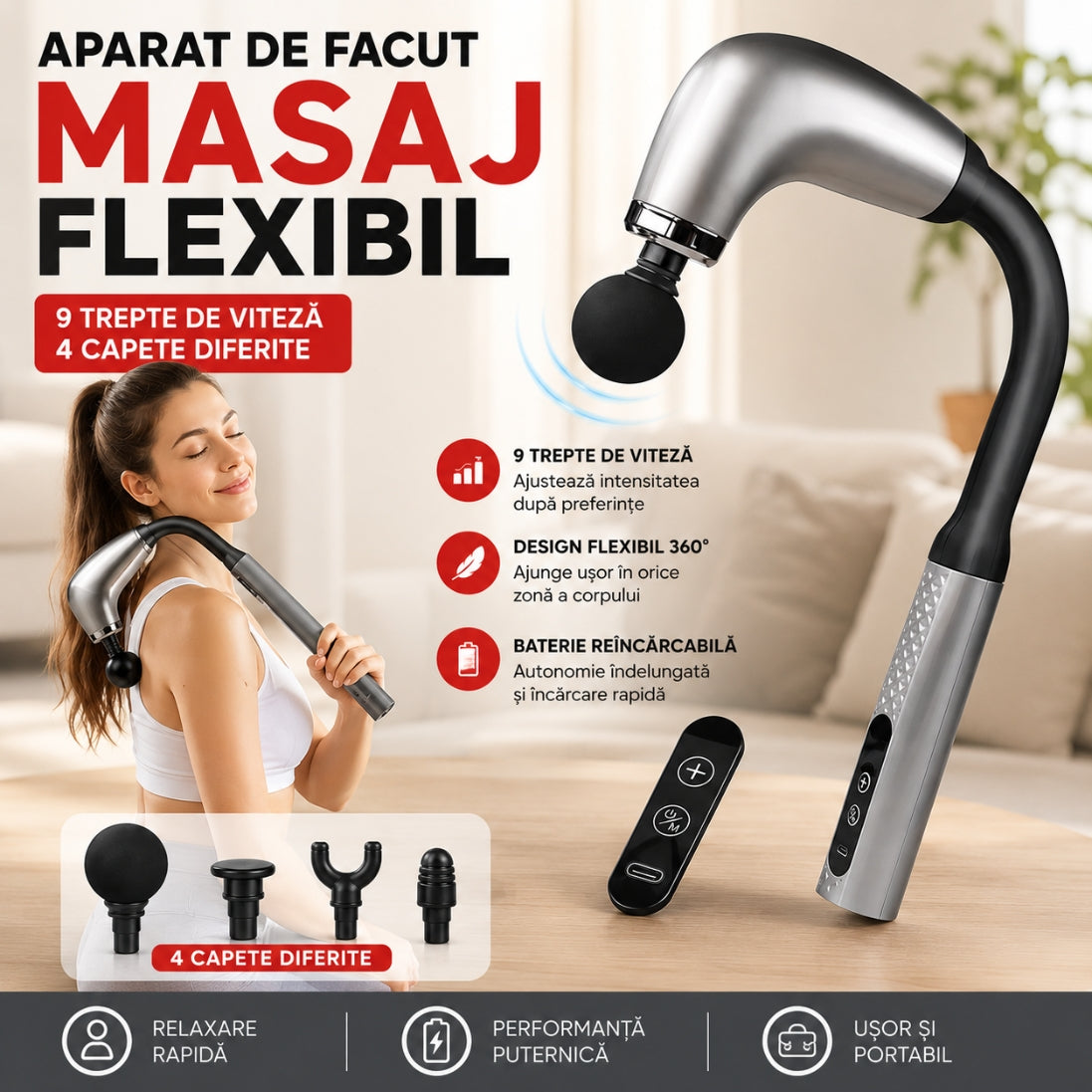 Aparat de Masaj Flexibil Reîncărcabil – 9 Trepte de Viteză, 4 Capete Interschimbabile