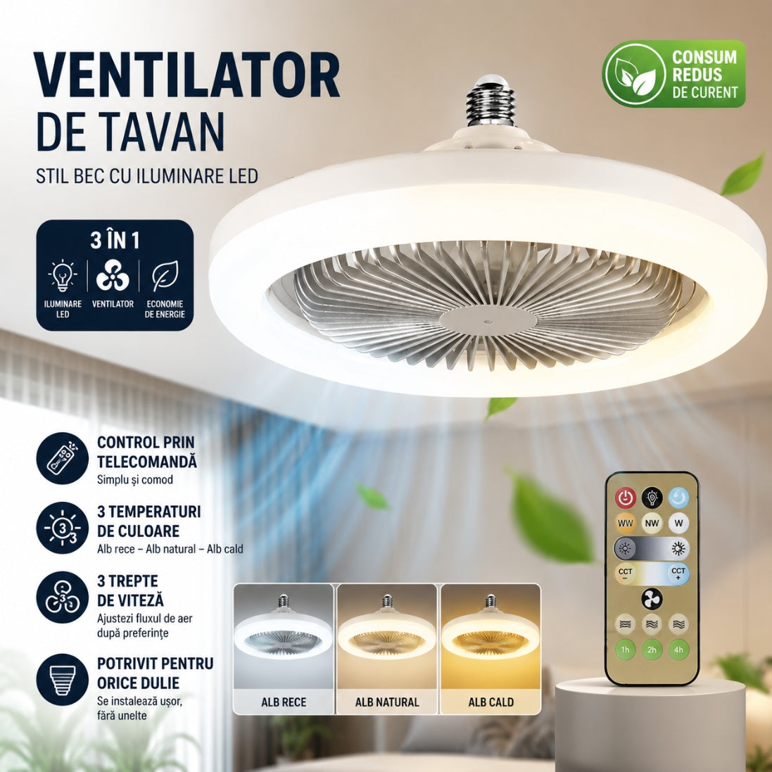 Ventilator de Tavan Stil Bec cu Iluminare LED – Telecomandă Inclusă și 3 Trepte de Viteză