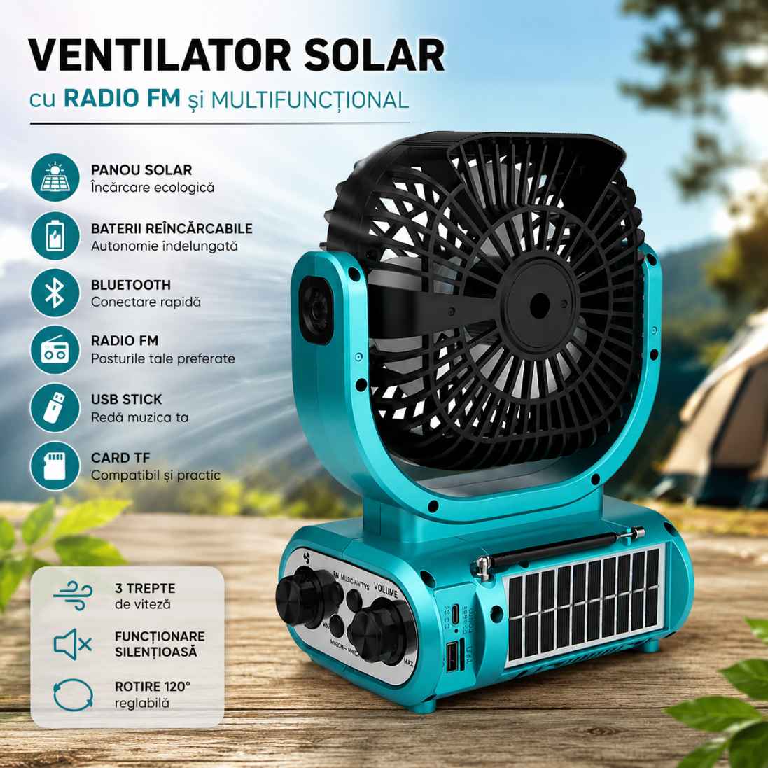 Ventilator Solar Reîncărcabil cu Radio FM, USB și Card TF – Ideal pentru Camping