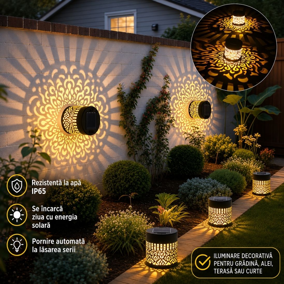 Set 6 Lămpi Solare de Perete – Design Mandala, Lumină Caldă și Decorativă