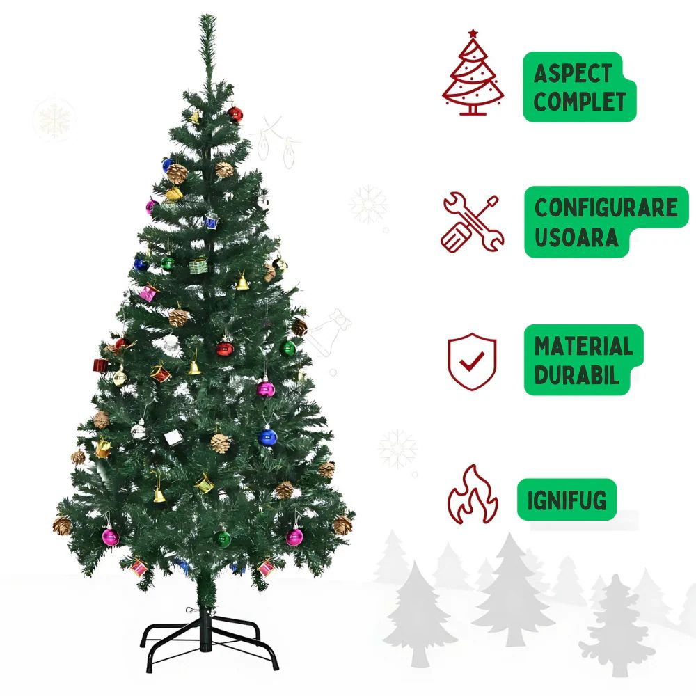 Brad Artificial Crăciun 1.80 m cu 45 Decorațiuni + Instalație LED 10 m – Totul Inclus!