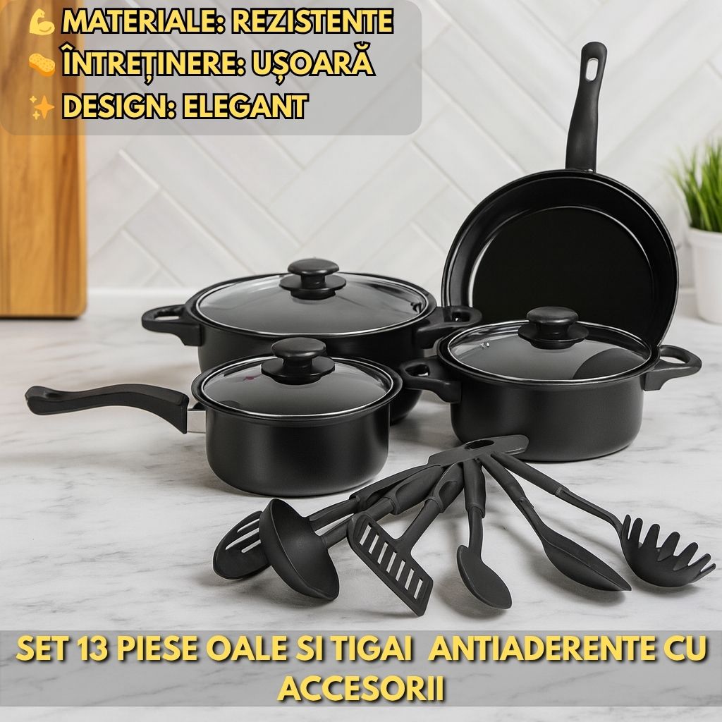 Set 13 Piese Oale și Tigăi Antiaderente cu Accesorii - Eleganță și Performanță în Bucătăria Ta