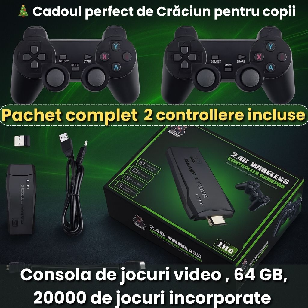 Consolă Retro 64GB cu 20.000 Jocuri + 2 Controllere Wireless – Cadeau Perfect de Crăciun