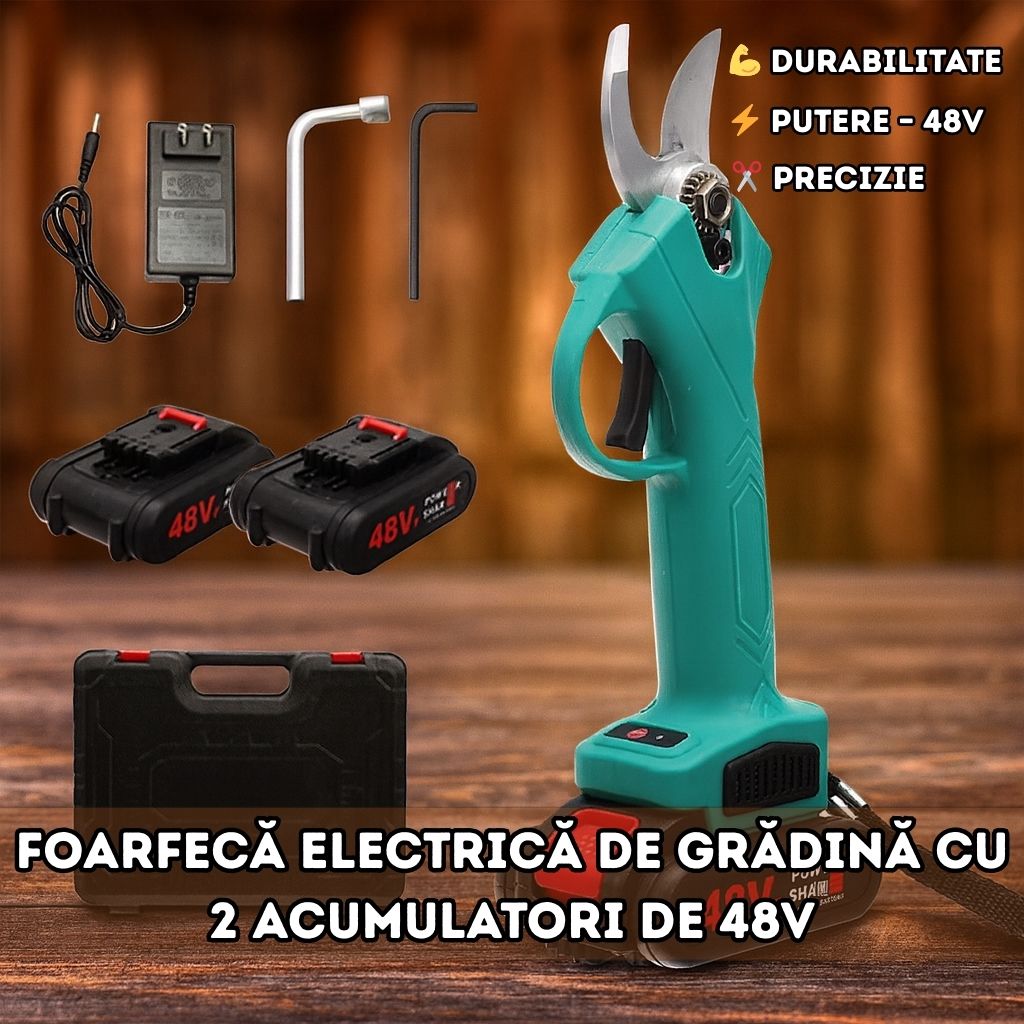 Foarfecă Electrică de Grădină cu 2 Acumulatori de 48V Oțel - Pentru Livezi, Grădini și Vie