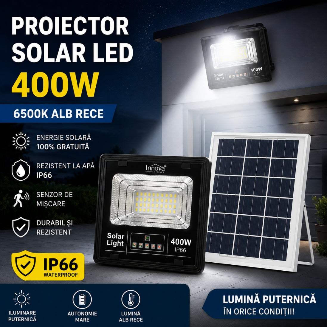 Proiector Solar LED 400W cu Senzor de Mișcare – IP66, Lumină Alb Rece 6500K