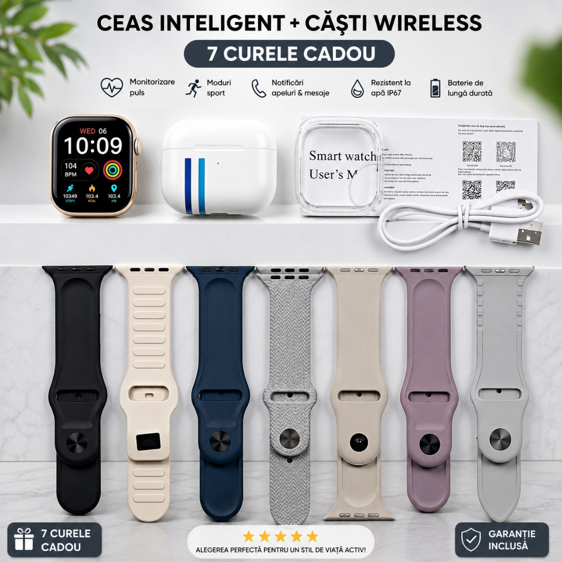 Pachet Ceas Inteligent + Căști Wireless – 7 Curele Cadou, Multiple Funcții, Compatibil cu Orice Telefon