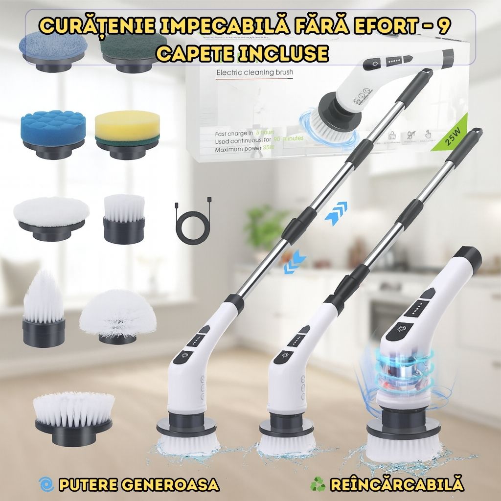 Perie Electrică Rotativă 9 în 1 - 9 capete inlocuibile, 2 viteze reglabile si mâner telescopic