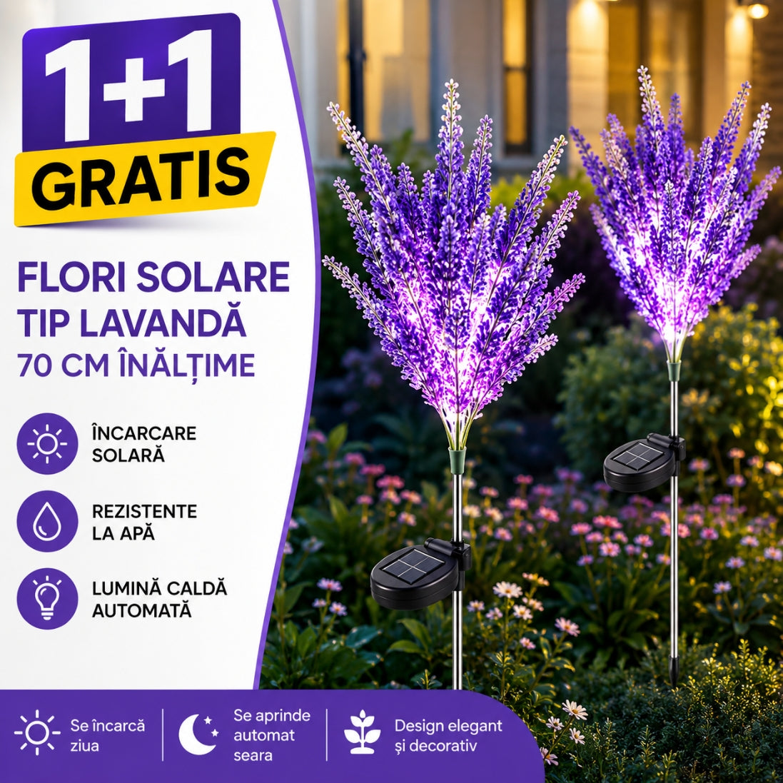 Flori Lavanda Solare LED pentru Grădină – Aspect Natural și Iluminare Automată
