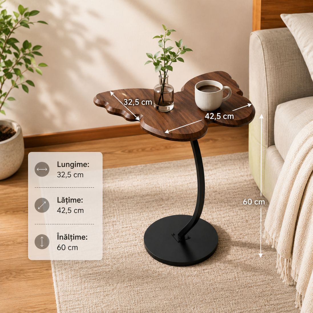 Măsuță Laterală Elegantă în Formă de Fluture – Design Modern cu Cadru Metalic