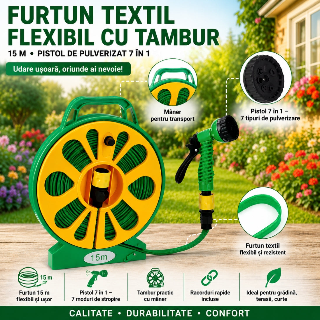 Furtun Textil Flexibil 15M cu Tambur și Pistol 7 în 1 – Udare Ușoară, Depozitare Fără Bătăi de Cap!