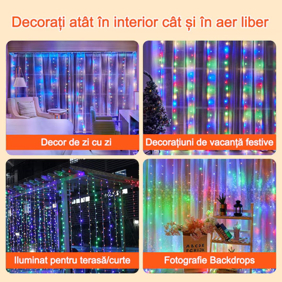 Instalație tip perdea LED 3m x 3m - MULTICOLORA, 300 LED-uri, telecomandă, 8 moduri