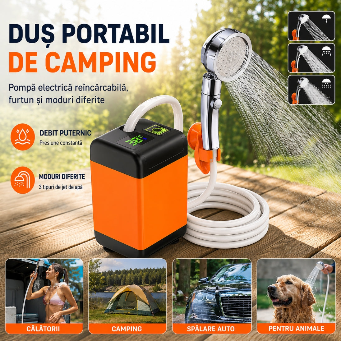 Duș Portabil de Camping – Apă Oriunde, Oricând, Duș Reîncărcabil cu Afișaj Digital!