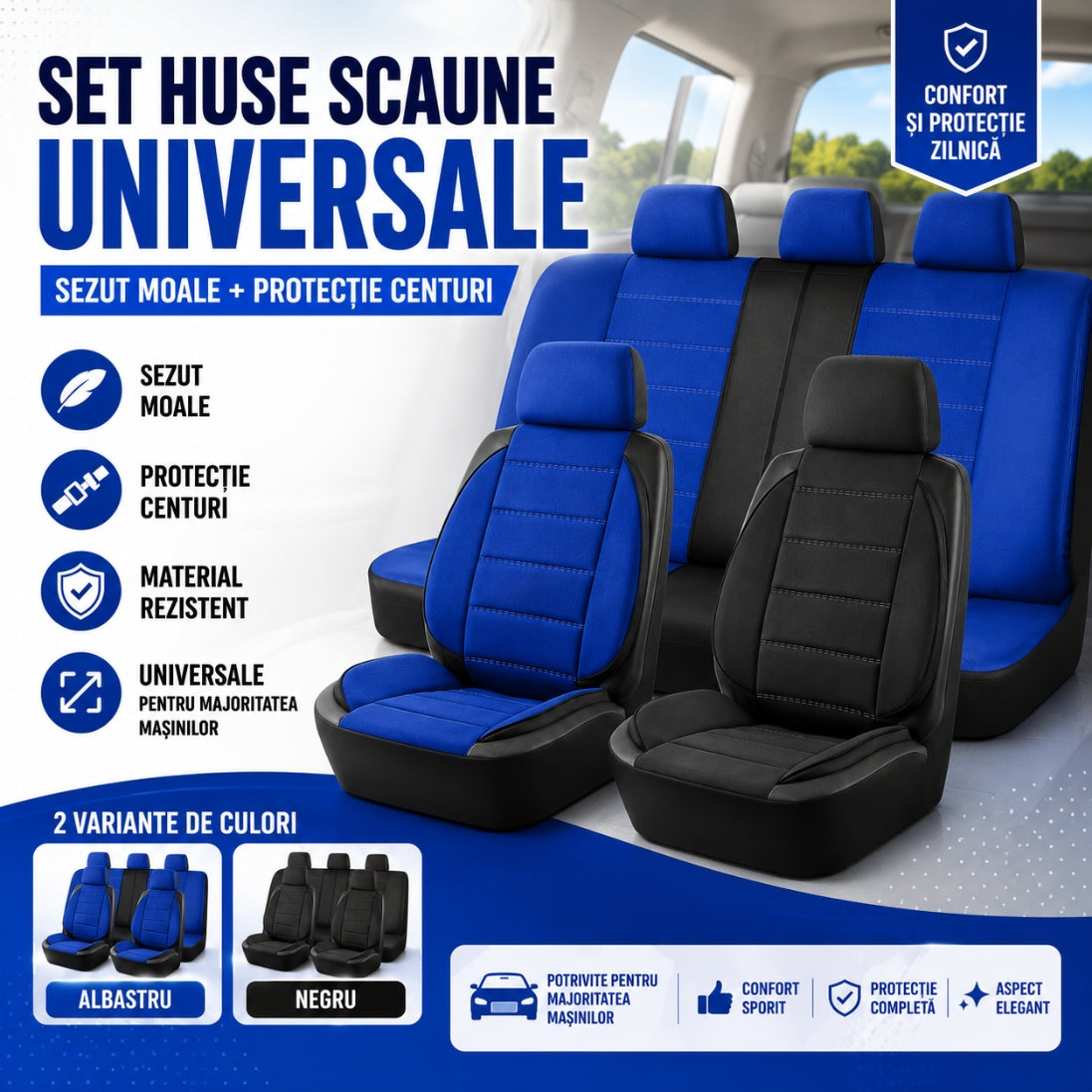 Set Huse Universale pentru Scaune Auto – Sezut Moale și Protecție pentru Centuri