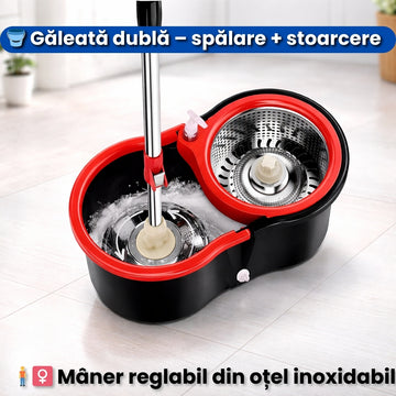 Mop Rotativ și Găleată cu Sistem de Stoarcere și Curățare - Mâner Reglabil + 5 Rezerve CADOU