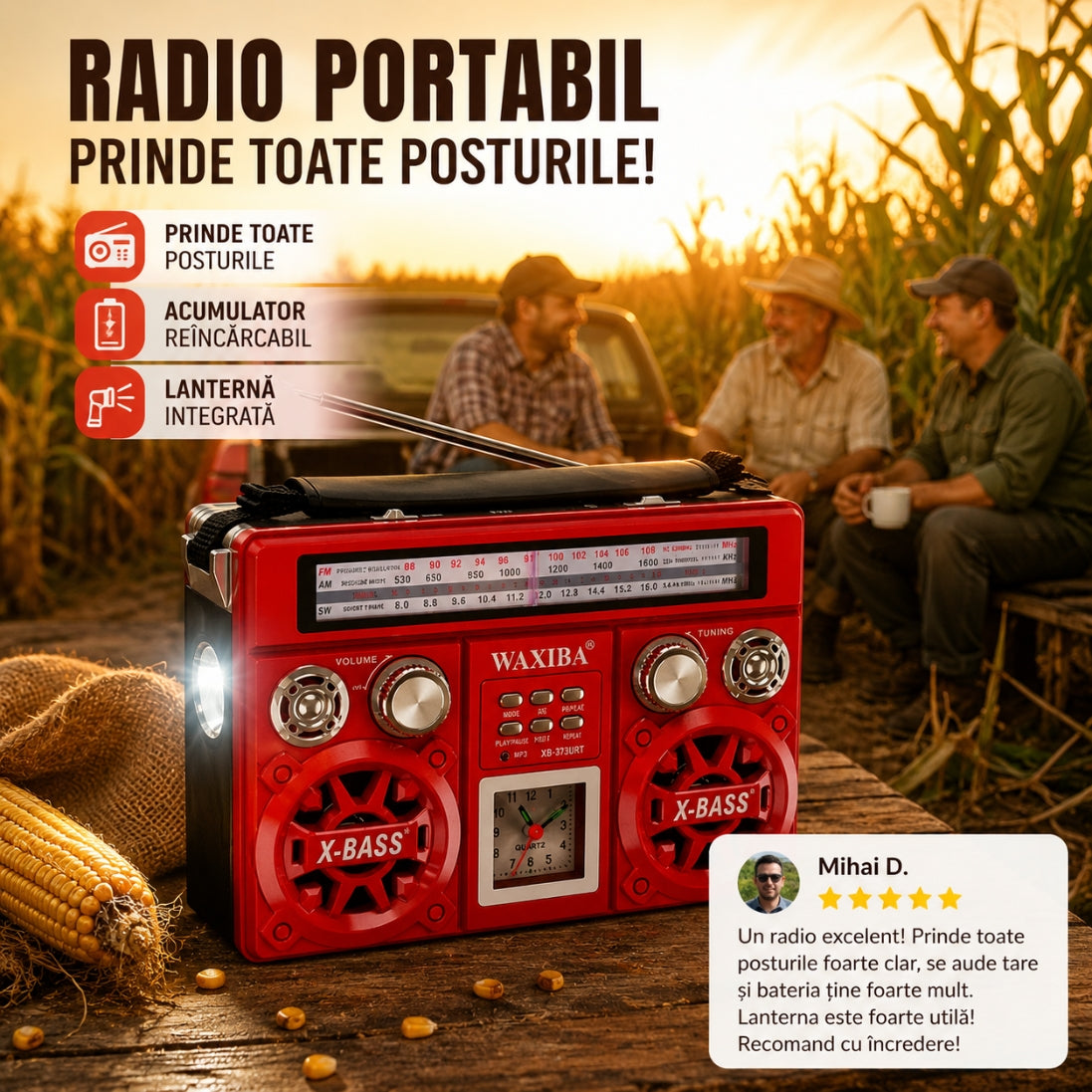 Radio Portabil cu Ceas, USB, MicroSD și Lanternă – FM / AM / SW, Baterie Reîncărcabilă