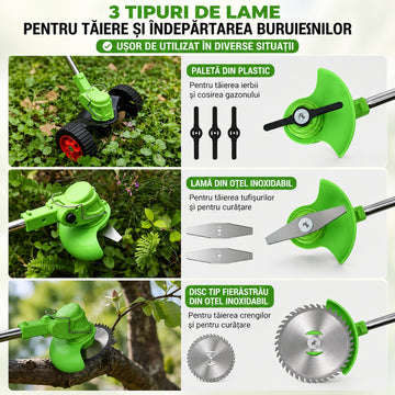 Motocoasă Electrică fără fir, 48V, 2 acumulatori , 18000RPM, roți detașabile - set complet lame (disc + 2 lame + 5 palete)
