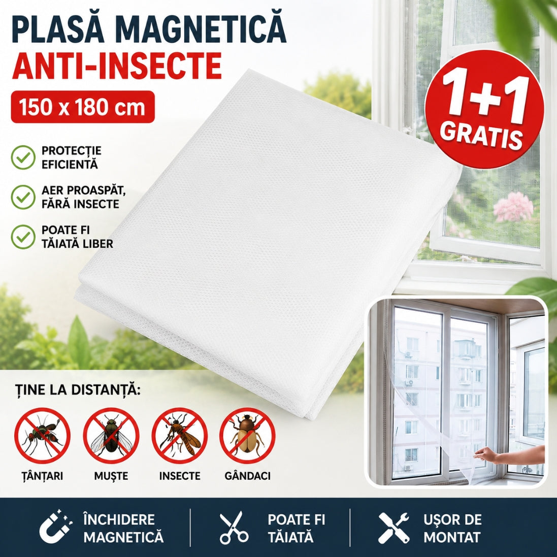 Plasă Magnetică Anti-Insecte 150 x 180 cm – Protecție Eficientă pentru Ferestre si Usi