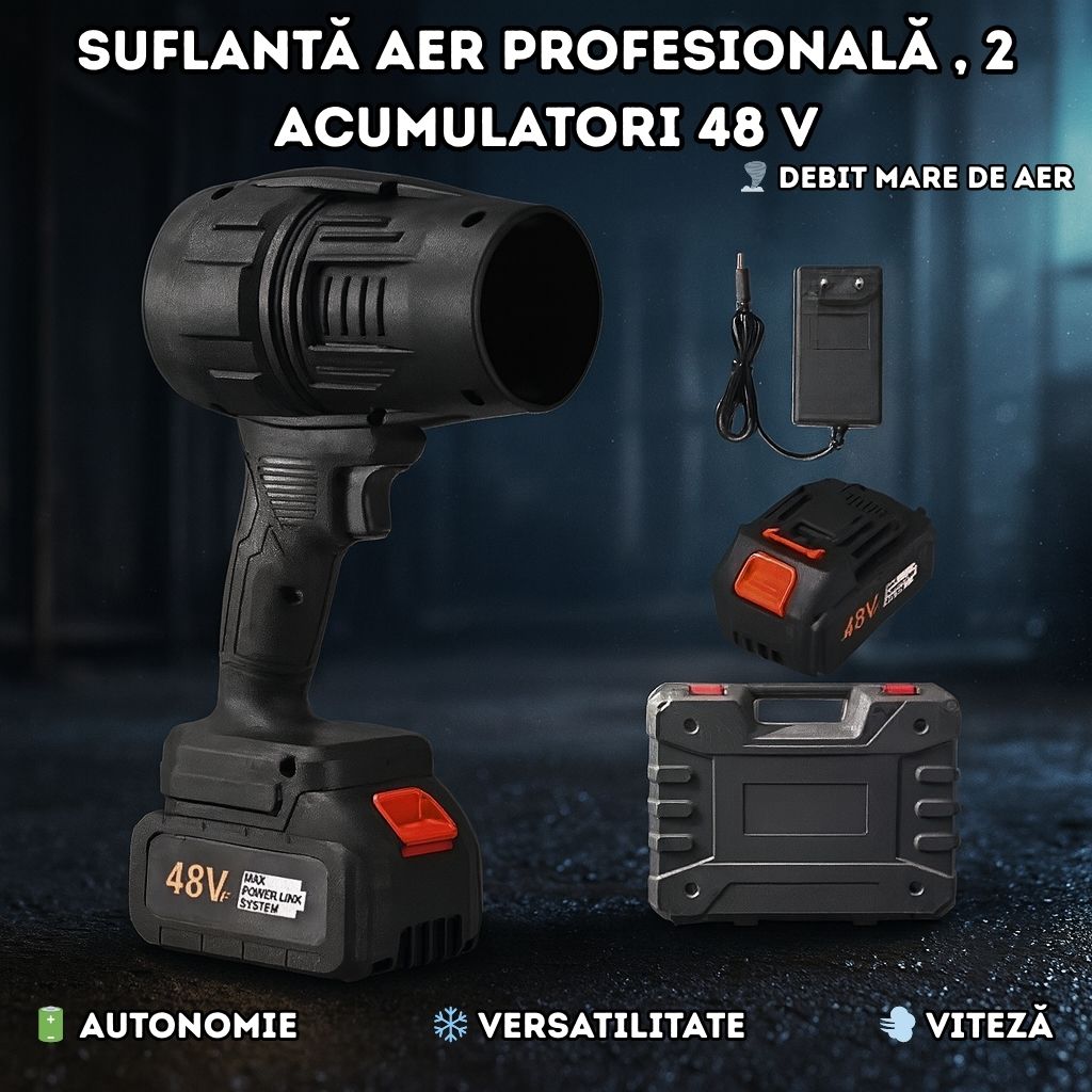 Suflantă Aer Profesională 48V cu 2 Acumulatori – Putere mare și Portabilitate
