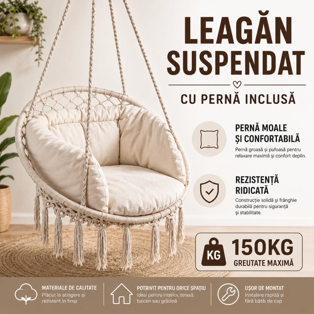 Scaun Suspendat Tip Hamac cu Pernă Groasă – Suportă până la 150 kg