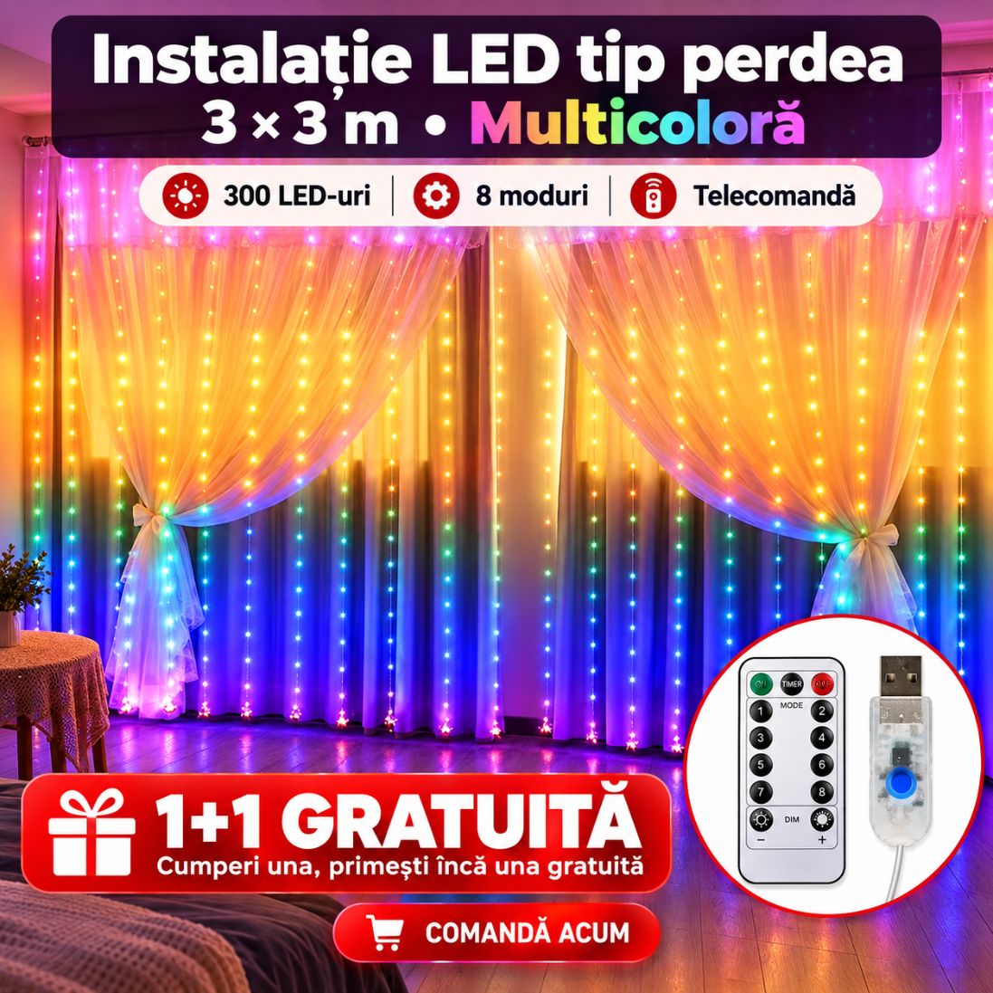 Instalație LED Tip Perdea 3×3 m Multicoloră – 300 LED-uri, Telecomandă